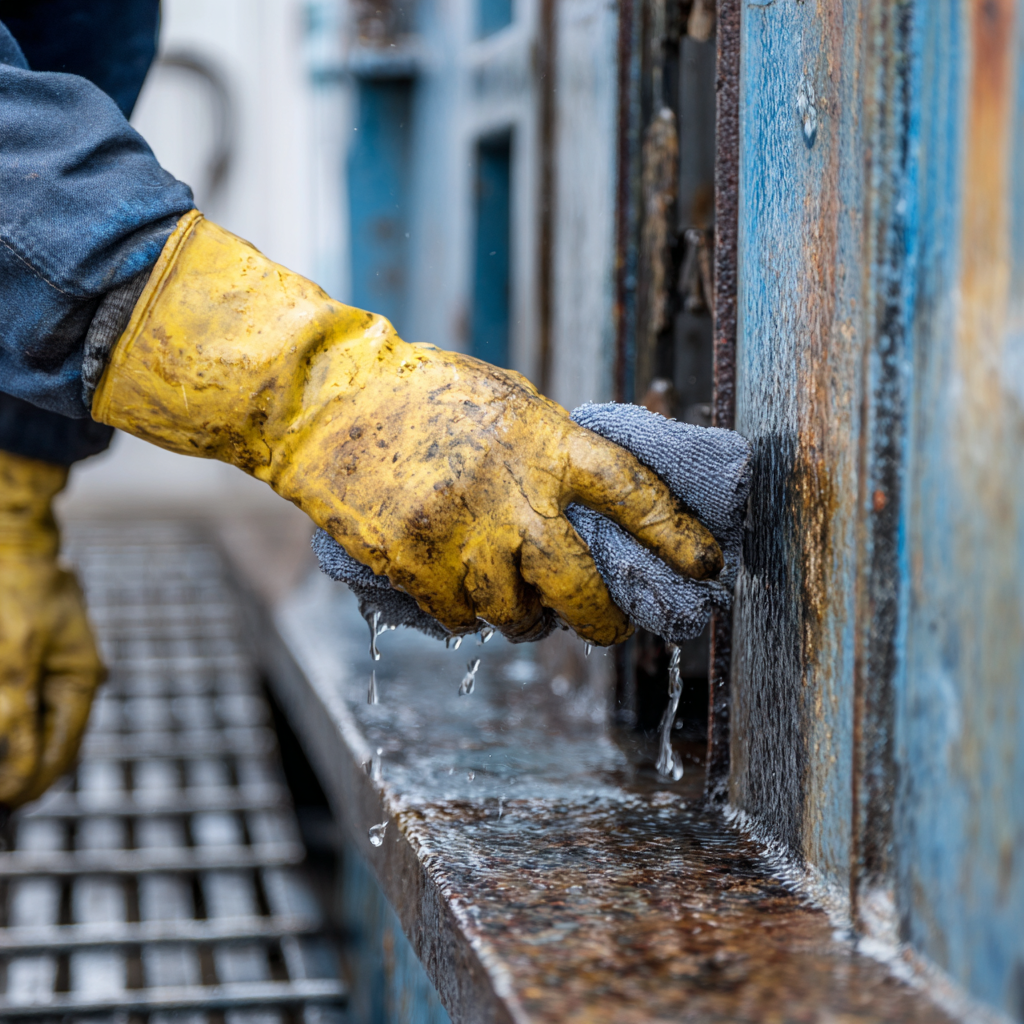 Gloved hand scrubbing built-up grime from a weathered surface