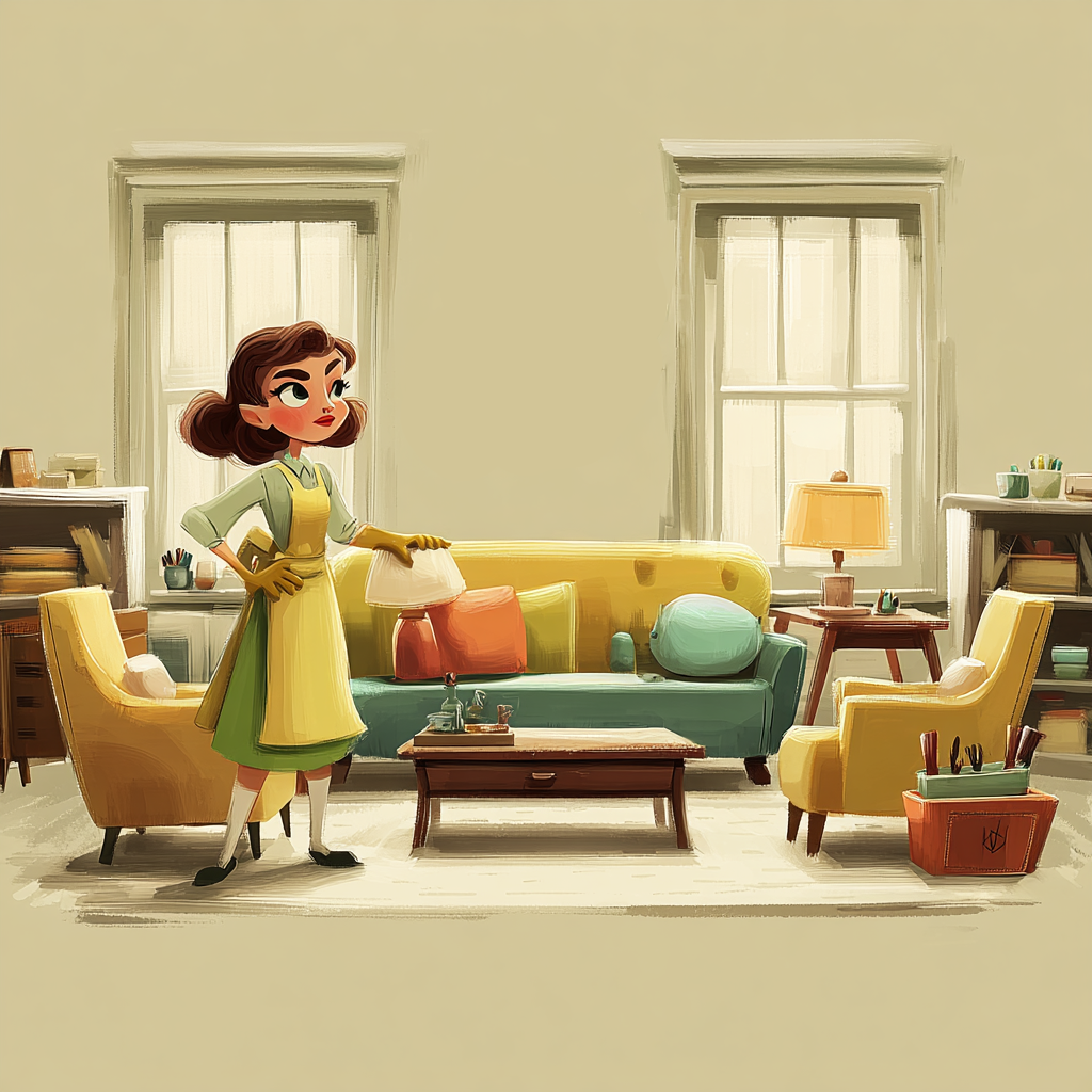 Illustration of Lucy standing in a freshly cleaned front room