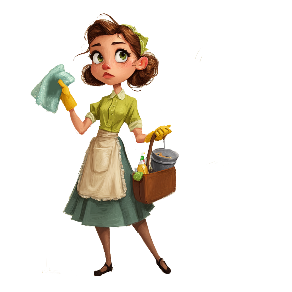 Illustration of Lucy in an apron with her cleaning basket