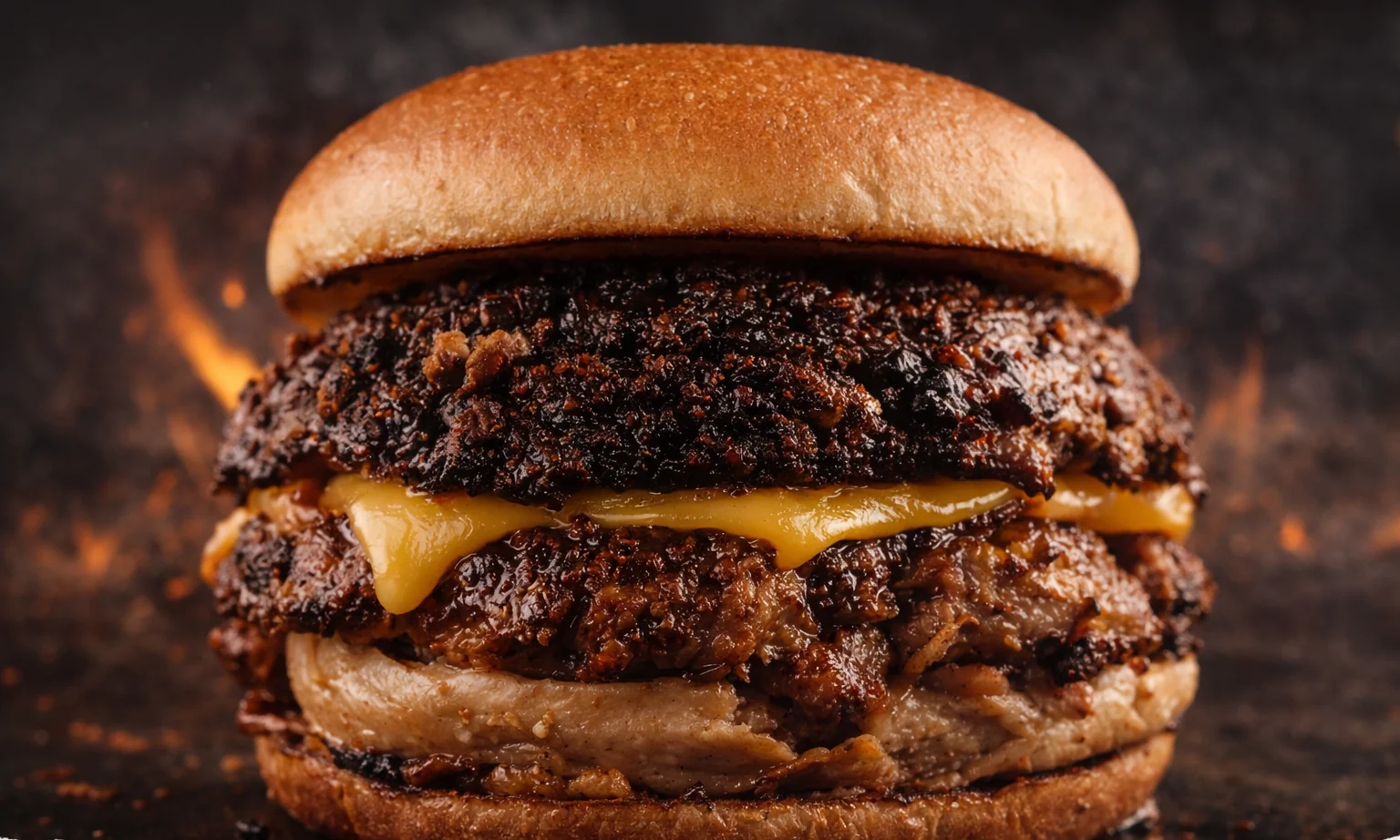 A double smash burger with melted cheese, seared over open flame